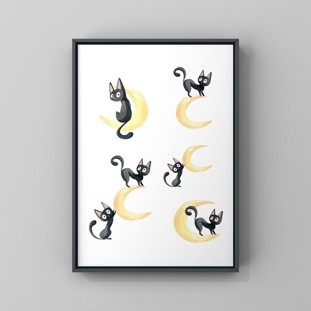 Funky playing cats and moon art prints
